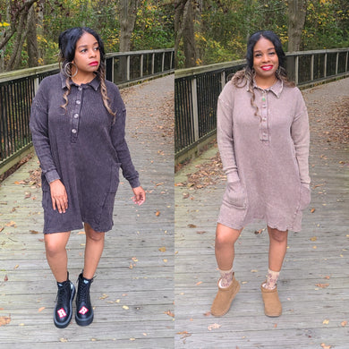 Cuffs and Buttons- Acid Wash Waffle Collared Long Sleeve Dress w/ Pockets