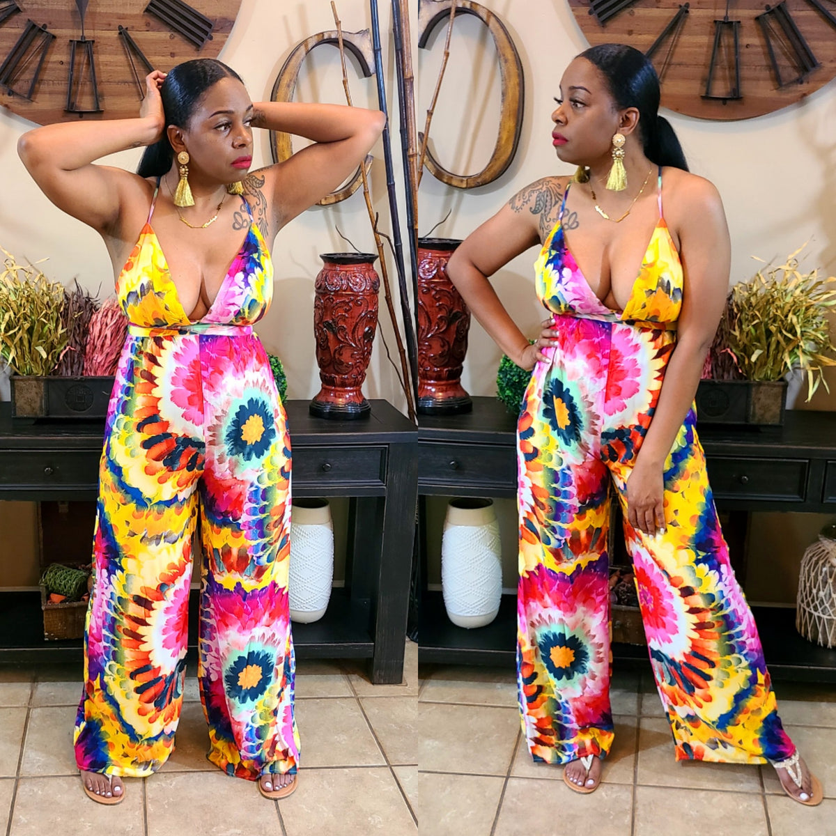 Flygo Women's Tie-Dye Romper – Sleeveless Wide-Leg Jumpsuit With Removable Belt