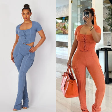 It's Me Again Short Sleeve Ribbed 2pcs Corset Pants Set