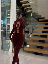 Load image into Gallery viewer, 'Be Mine' Laced Front Open Back Mineral Washed Jumpsuit